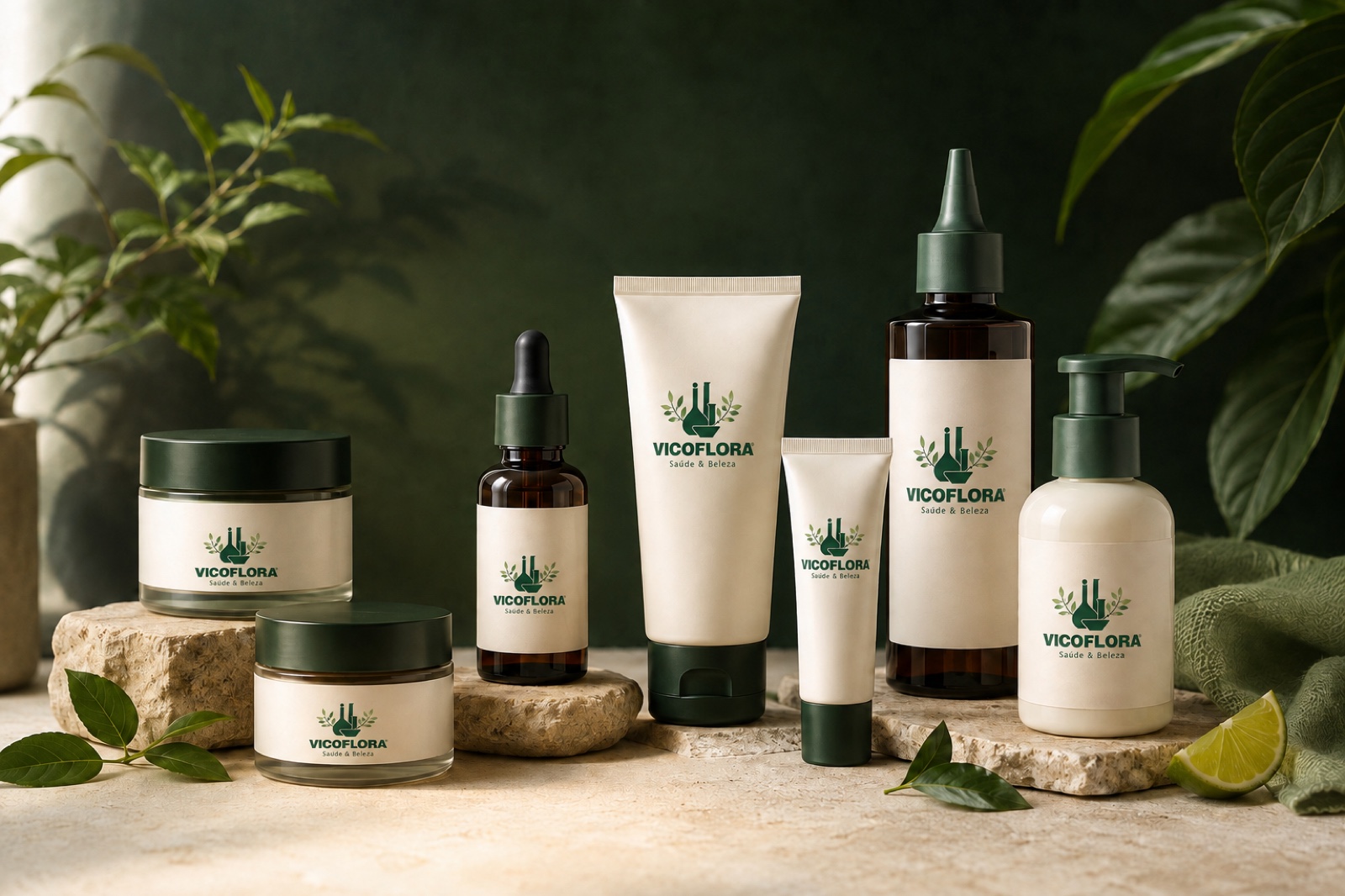 Linha de embalagens Vicoflora para dermocosméticos, pele e cabelos
