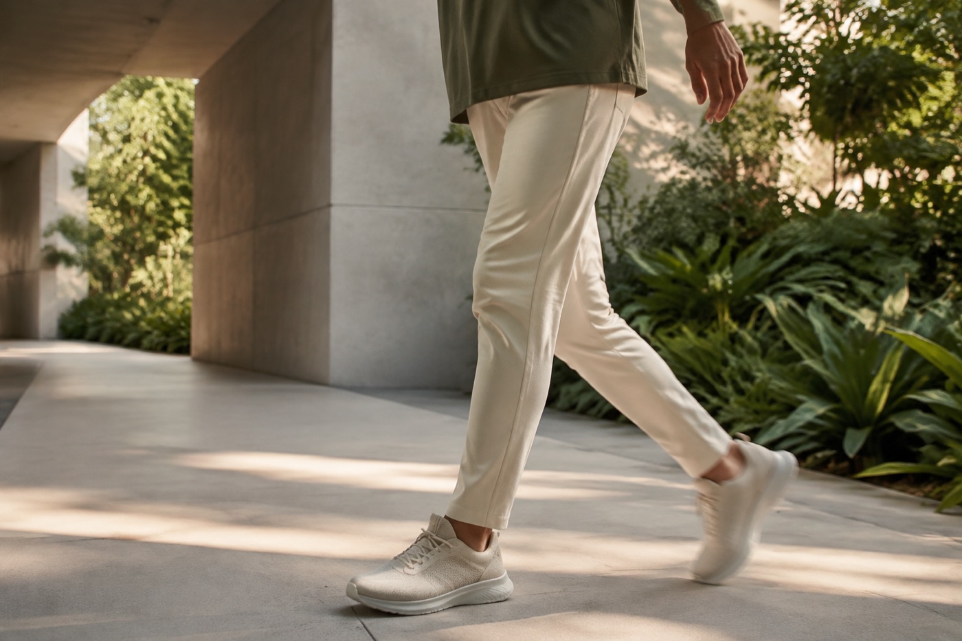 Pessoa caminhando em ambiente contemporâneo cercado por vegetação