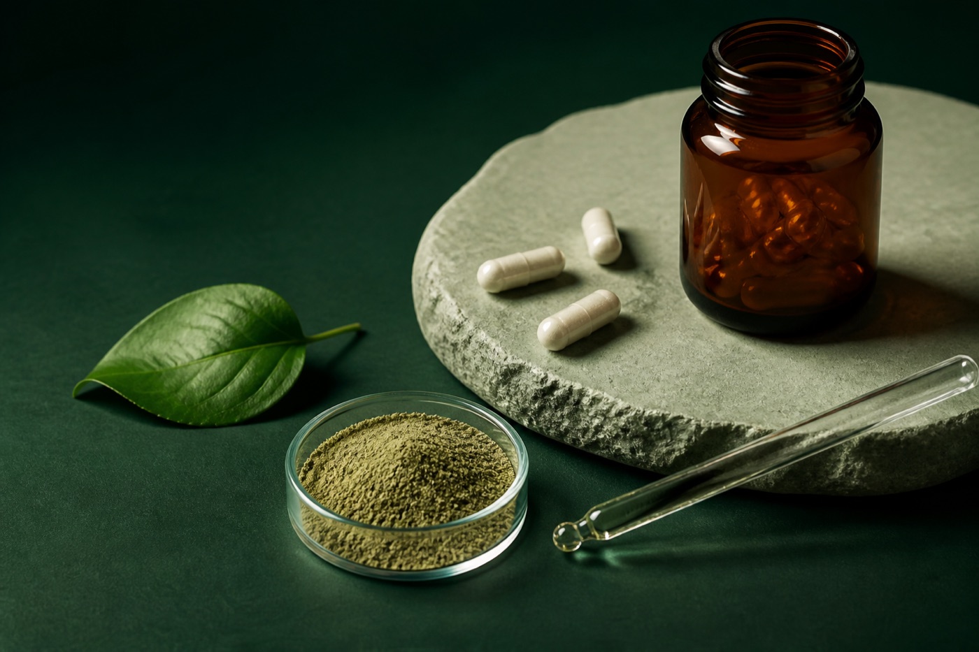 Composição editorial com frasco âmbar, cápsulas, ingrediente botânico e vidraria