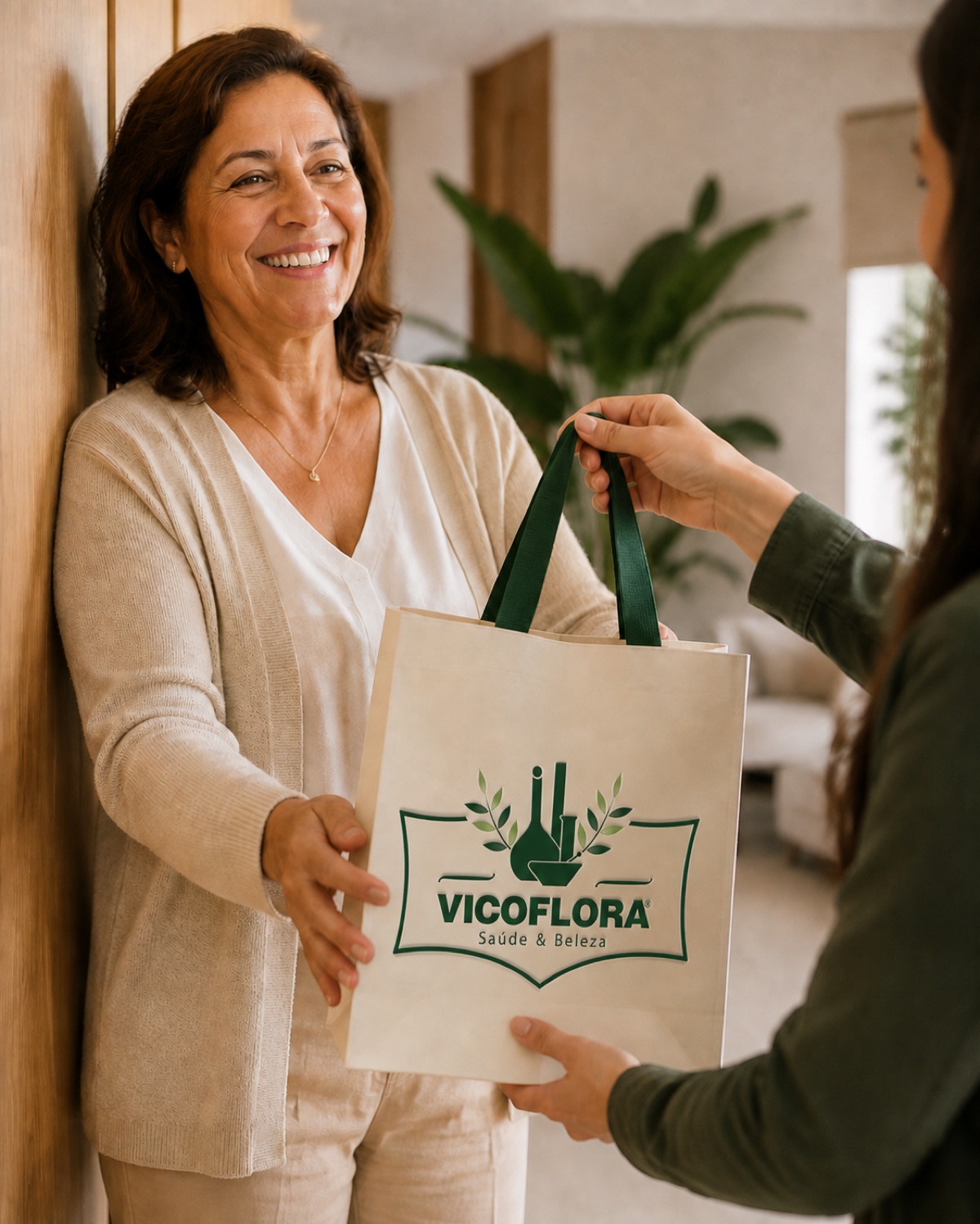 Cliente recebendo em casa uma sacola da Vicoflora